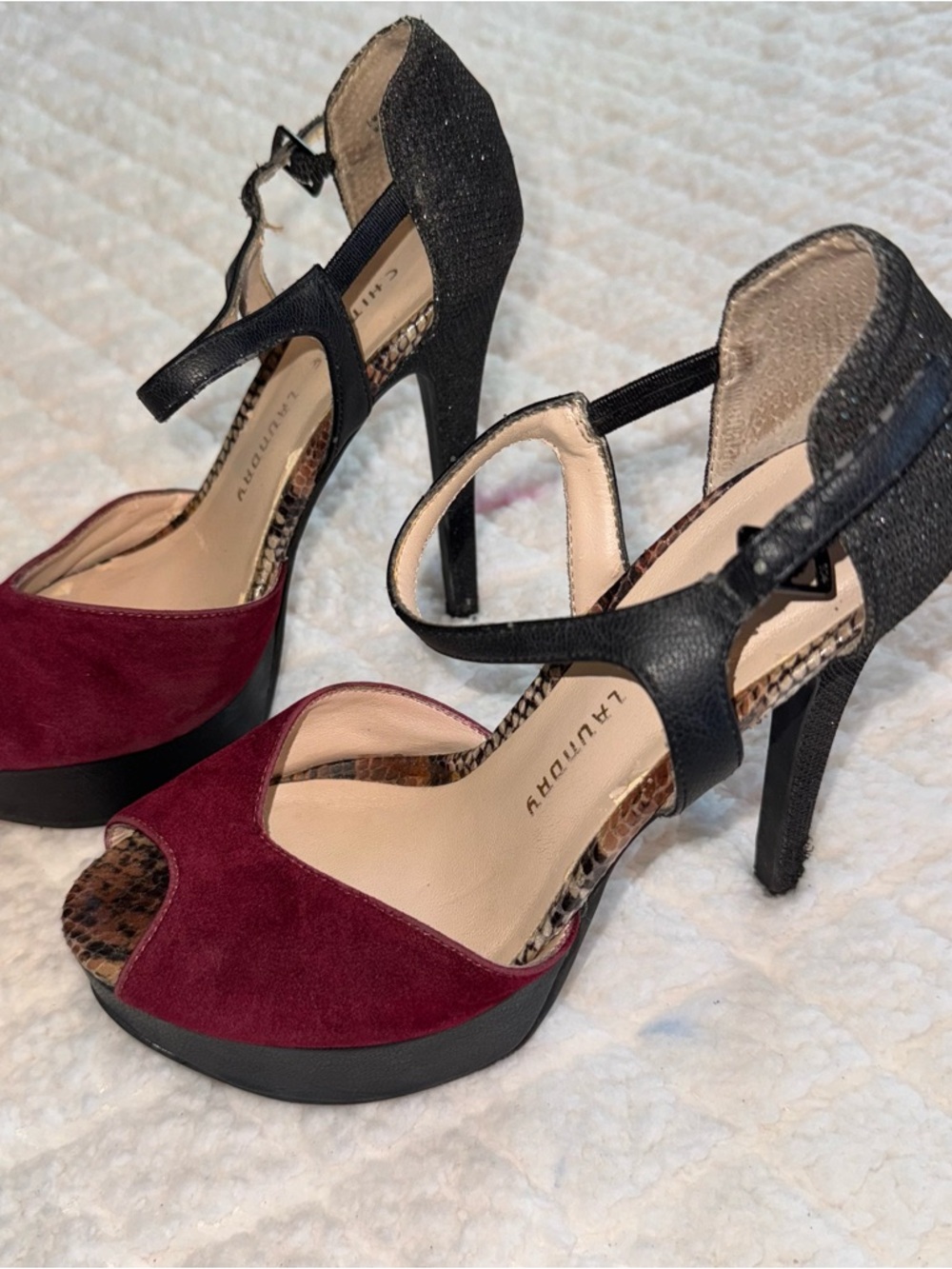 Chinese Laundry Black and Burgundy Peep-Toe Platform Heels